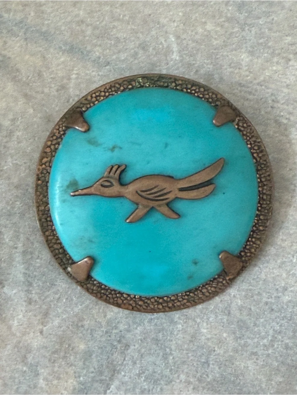 Vintage Bell Trading Post Solid Copper Roadrunner Turquoise Bolo Tie Slide